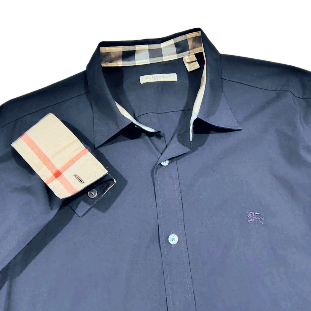 Burberry Navy Blue Button-Down Shirt with Check Trim